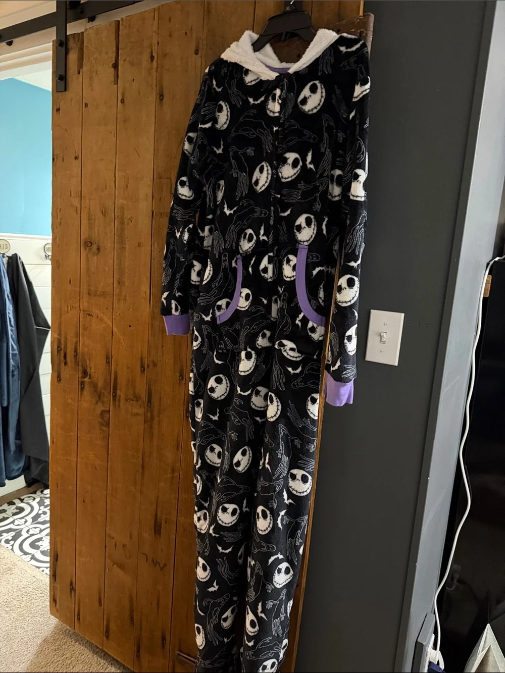 Disney Black and White Jack Skellington Fleece Pajama Onesie with Purple Trim